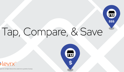 Tap, Compare, & Save. The background is a map with two location icons, indicating one pharmacy is more expensive than the other.